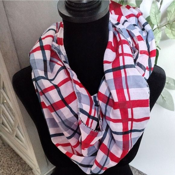 None Accessories - Red white and blue plaid scarf